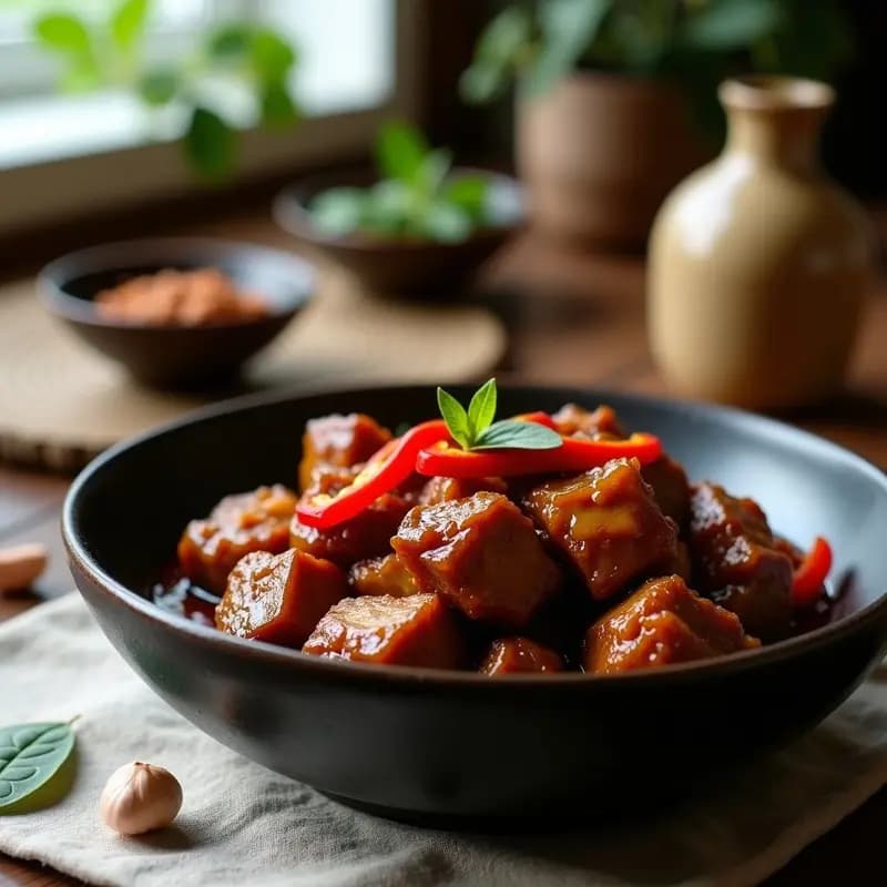 Plato de adobo filipino de cerdo con vinagre de Cauchy, trozos dorados y crujientes bañados en salsa oscura, acompañado de cebolla morada y pimiento rojo salteados, servido en un bol de cerámica negra sobre fondo rústico.