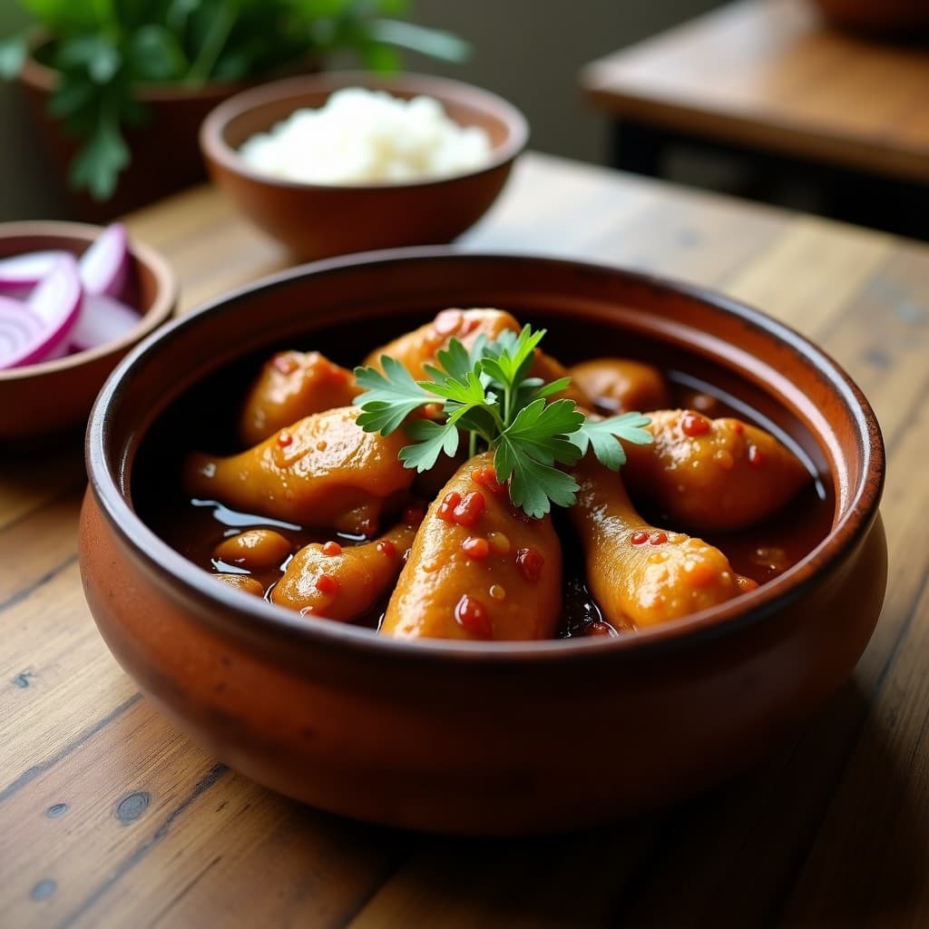 Plato hondo de barro con adobo filipino de pollo con vinagre de caña y ajo, muslos dorados bañados en salsa oscura y brillante, decorados con hojas de laurel y cilantro fresco, acompañado de arroz blanco.