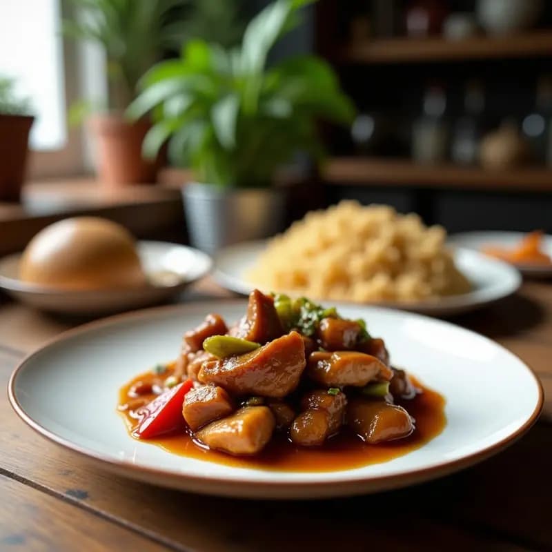 Plato hondo de barro negro con adobo filipino de pollo en vinagre de coco, trozos de pollo dorado bañados en salsa espesa y brillante, decorado con cilantro fresco y rodajas de chile rojo, servido sobre arroz jazmín blanco.