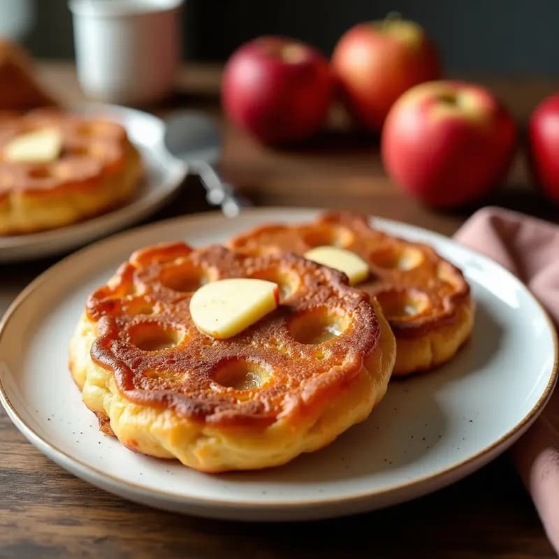 Aebleskiver daneses dorados y esponjosos en molde de silicona, rellenos de manzana caramelizada con canela, espolvoreados con azúcar glas y acompañados de mermelada de frambuesa, receta en airfryer.
