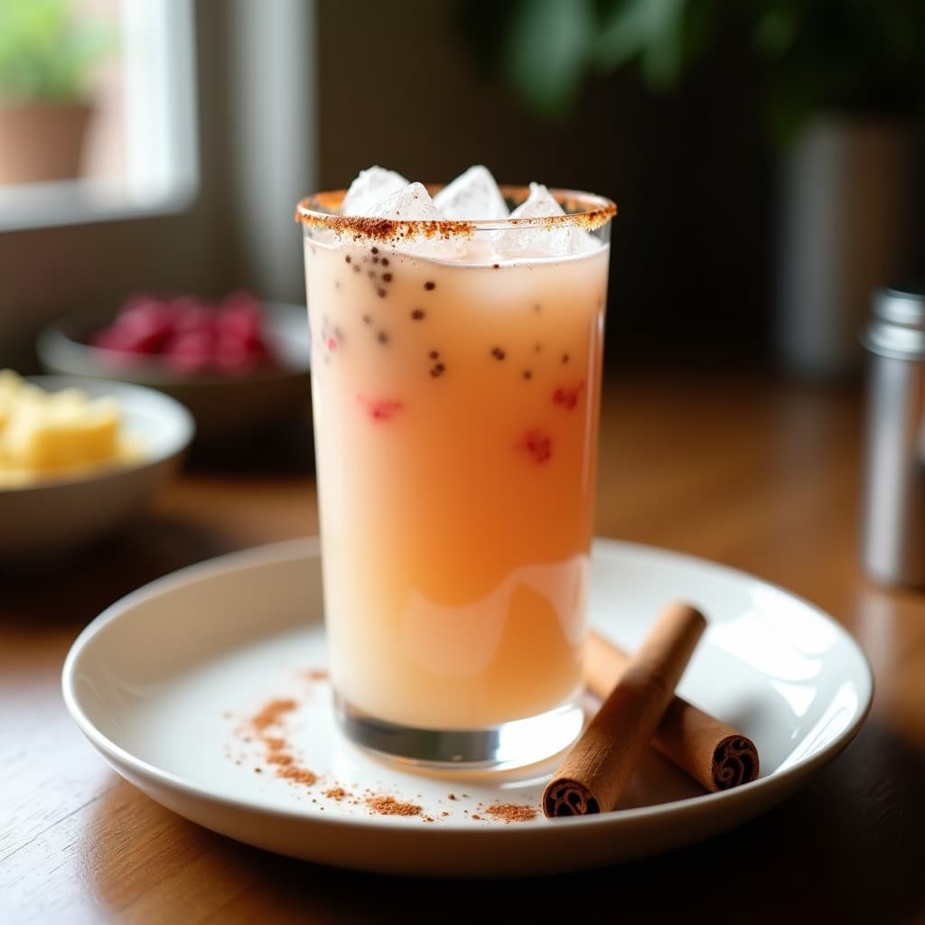 Vaso alto transparente con bebida de agua de horchata con chía y rosa mosqueta sin azúcar, de color crema con vetas rosadas, decorado con semillas de chía en suspensión y pétalos de rosa mosqueta en el borde. Fondo con hielo picado y una rama de canela.