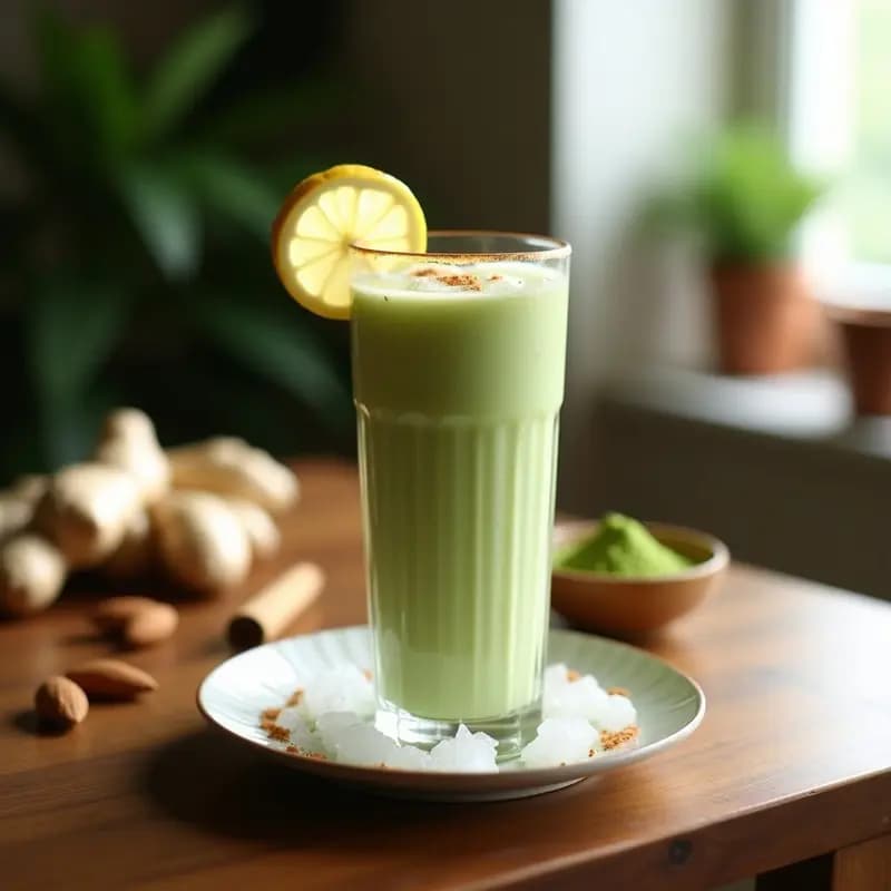 Vaso alto de cristal con bebida de agua de horchata con matcha y jengibre, color verde pálido cremoso, servida con hielo picado y decorada con una pizca de matcha en polvo y una rodaja de jengibre fresco sobre una mesa de madera rústica con luz natural.