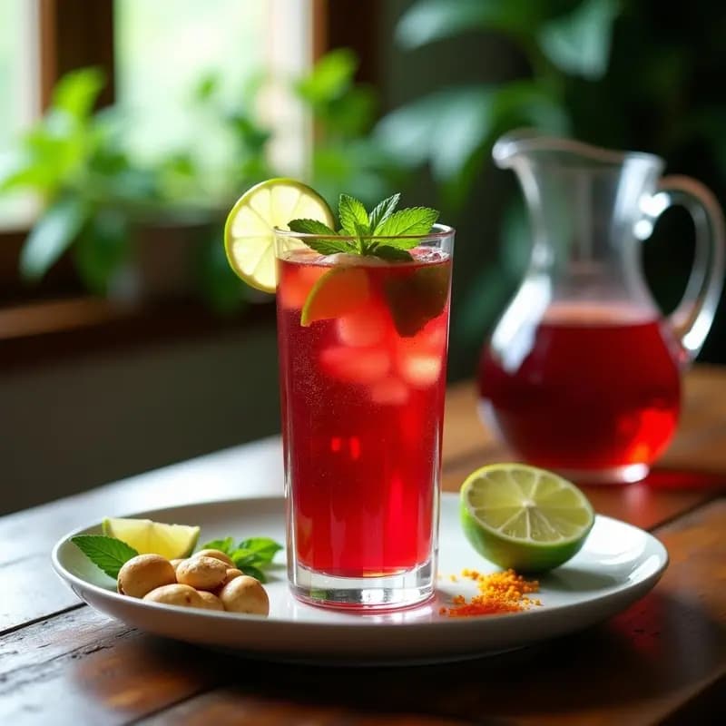 Vaso alto de cristal con agua de jamaica con jengibre colombiana, de color rojo intenso, decorado con rodajas de limón verde, hojas de hierbabuena y ralladura de jengibre fresco sobre una mesa de madera rústica.
