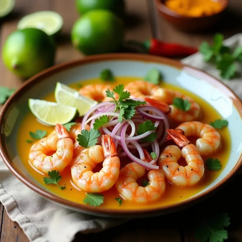 Plato hondo de cerámica blanca con aguachile de camarón con cúrcuma y lima, camarones rosados marinado en salsa dorada, decorado con rodajas de pepino, cebolla morada, aguacate en cubos, cilantro fresco y almendras fileteadas, sobre fondo rústico de madera con tostadas de maíz al lado.