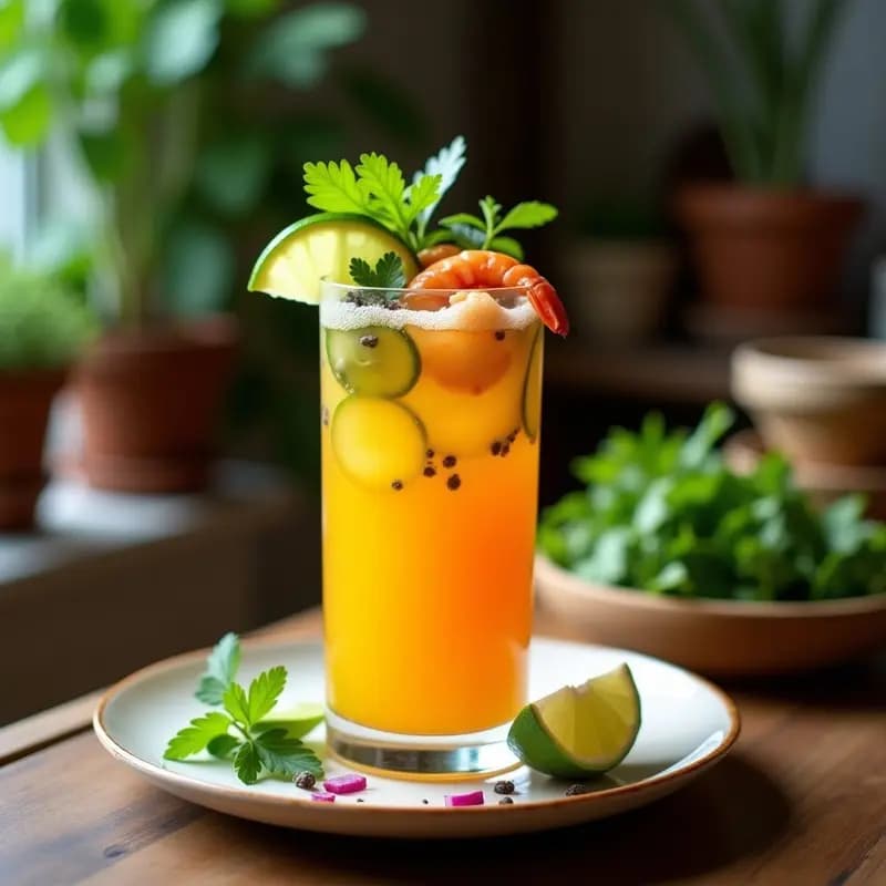 Vaso alto transparente con aguachile de camarón y cúrcuma, líquido dorado con trozos de camarón, rodajas de pepino y chile verde. Decorado con hojas de cilantro fresco y un toque de pimienta negra sobre fondo rústico de madera.