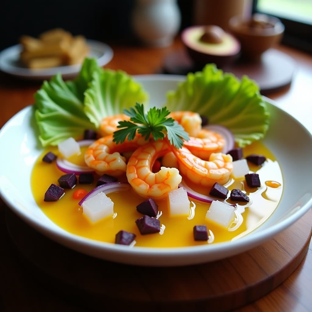 Plato hondo blanco con aguachile de camarones rosados marinados en leche de tigre de maracuyá amarilla, acompañados de bastones de apio, cebolla morada en juliana y cilantro fresco, decorado con granos de pimienta rosa y un hilo de aceite de oliva.