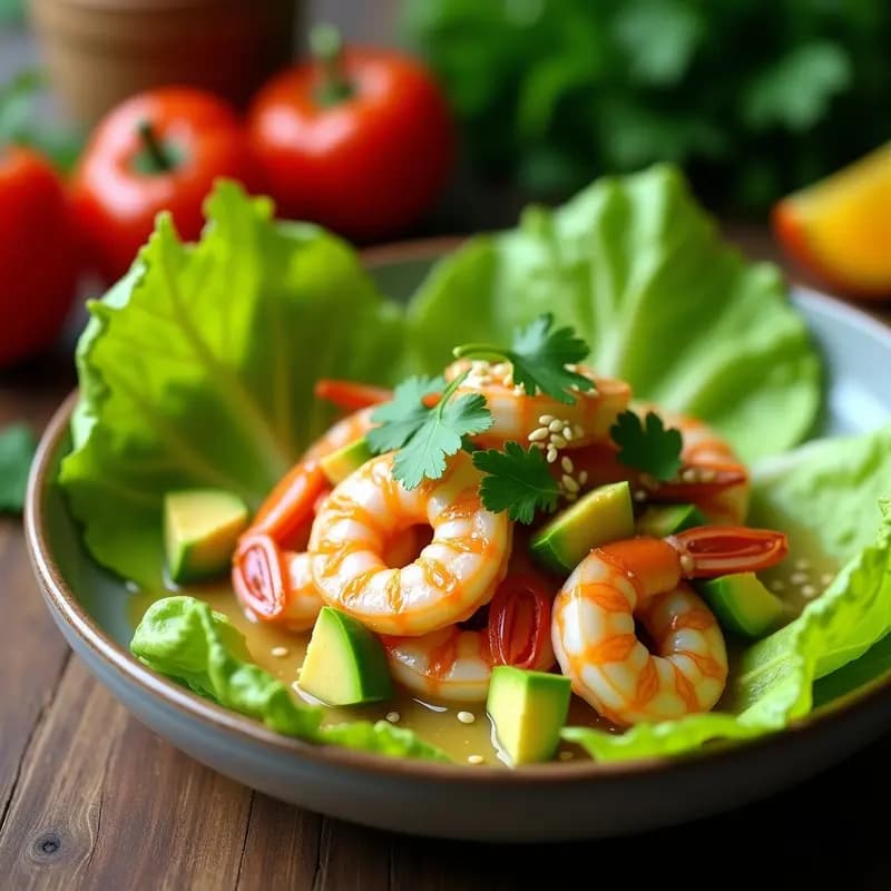 Plato blanco con aguachile de camarones rosados marinados en salsa verde de lulo, decorado con cubos de aguacate, semillas de sésamo y hojas de cilantro sobre base de lechuga romana, ceviche colombiano con toque ácido.