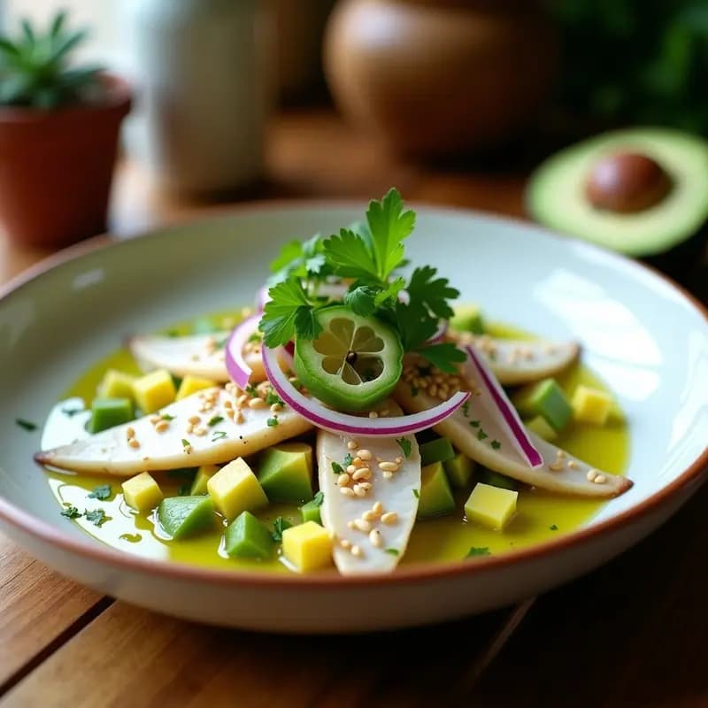 Plato de aguachile de pescado blanco con cubos de aguacate verde, cebolla morada en juliana y rodajas de lima, decorado con semillas de sésamo y cilantro fresco. Receta mexicana picante y ácida.