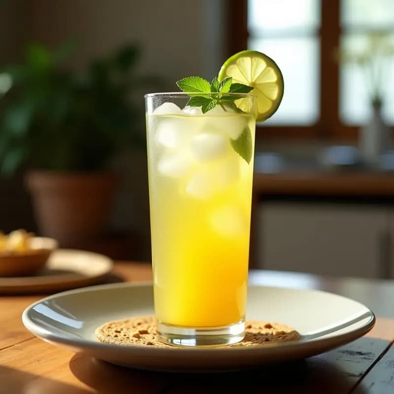 Cóctel colombiano sin alcohol en copa alta con hielo, decorado con rodaja de limón y hierbabuena, con tonos dorados y verdes de hierbas andinas.