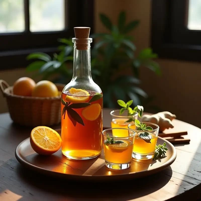 Botella de vidrio oscuro con aguardiente de caña dorado y hierbas amazónicas flotando, servido en copas pequeñas con rodajas de naranja criolla, sobre mesa rústica de madera con hojas de coca y cedrón.