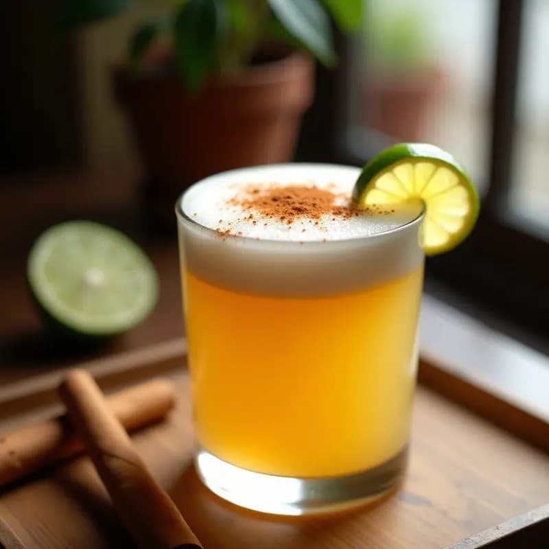 Copa de cóctel transparente con Aguardiente Sour Colombiano, espuma cremosa en la superficie, espolvoreada con canela en polvo y decorada con una rodaja de limón verde, sobre una mesa rústica de madera con una rama de canela al lado.