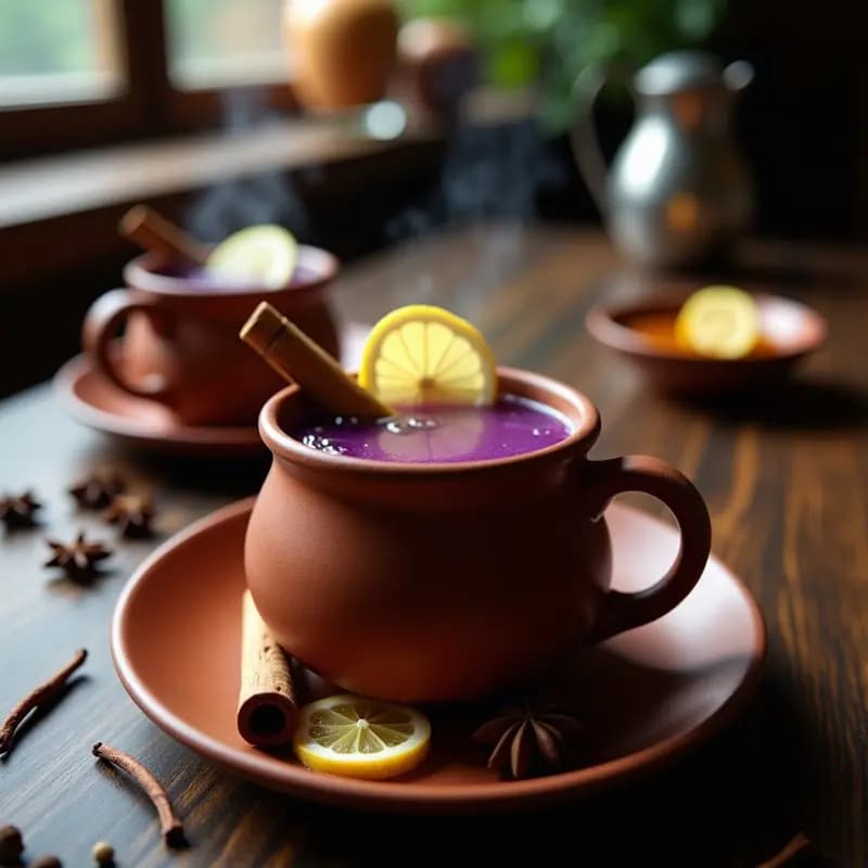 Taza de barro humeante con Aguardiente de Uva con Miel y Limón, cóctel colombiano sin alcohol de color morado intenso, decorado con una rodaja de limón y una rama de canela, sobre una mesa rústica de madera con especias al fondo.