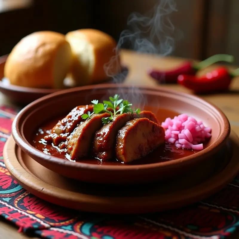 Plato hondo de barro con filetes gruesos de lomo de cerdo bañados en salsa oscura de chile pasilla, acompañado de cebolla encurtida morada y blanca en juliana, sobre una mesa rústica con tortillas de maíz y hierbas frescas.