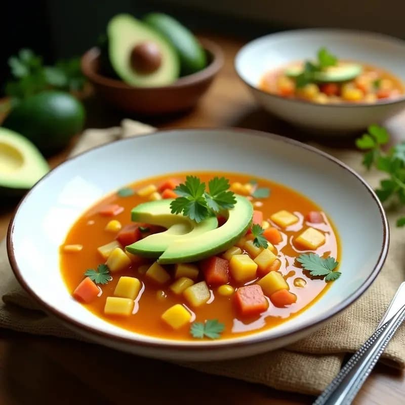 Plato hondo de cerámica blanca con ajaco colombiano vegano, tres tipos de papas en cubos, trozos de maíz, guascas frescas y rodajas de aguacate. Sopa espesa con un toque de leche de coco rallada y cilantro picado.