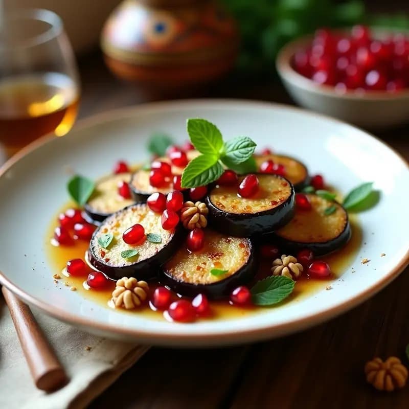Plato blanco con ajar de berenjena y granados: rodajas de berenjena asada cubiertas con semillas de granado rojo intenso, nueces troceadas y hojas de menta fresca, servido en una fuente de cerámica con detalles étnicos.