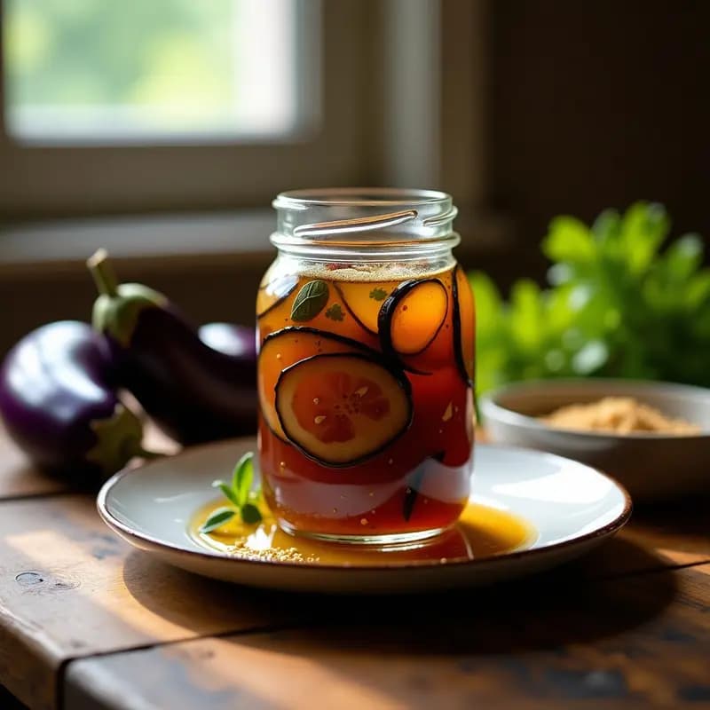 Frasco de vidrio transparente lleno de ajar de berenjena y nuez moscada, con rodajas de berenjena doradas bañadas en una salsa espesa y especiada, decorado con hojas de laurel y semillas de comino. Plato tradicional georgiano vegano y especiado.