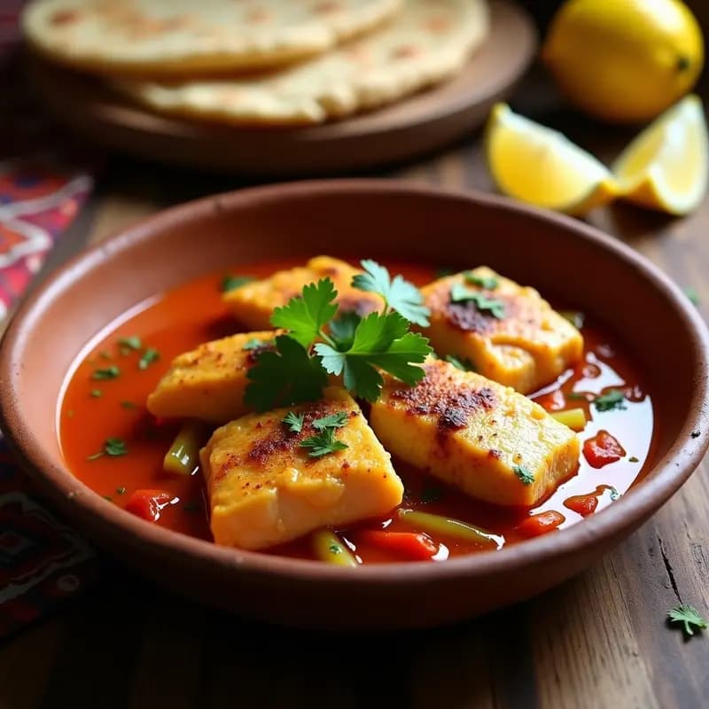 Plato hondo de barro con Ajar Blanc Etiopía: filetes de merluza en salsa espesa de color rojo anaranjado, con trozos de cebolla morada, pimiento rojo y apio. Decorado con hojas de cilantro fresco y rodajas de limón al lado. Fondo rústico con pan de injera.