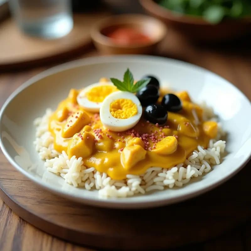 Plato hondo blanco con Aji de Gallina con Arroz Blanco: salsa cremosa de color amarillo intenso cubriendo pollo desmenuzado, acompañado de arroz blanco esponjoso, rodajas de huevo duro, aceitunas negras y perejil fresco. Receta peruana crema y especiada.