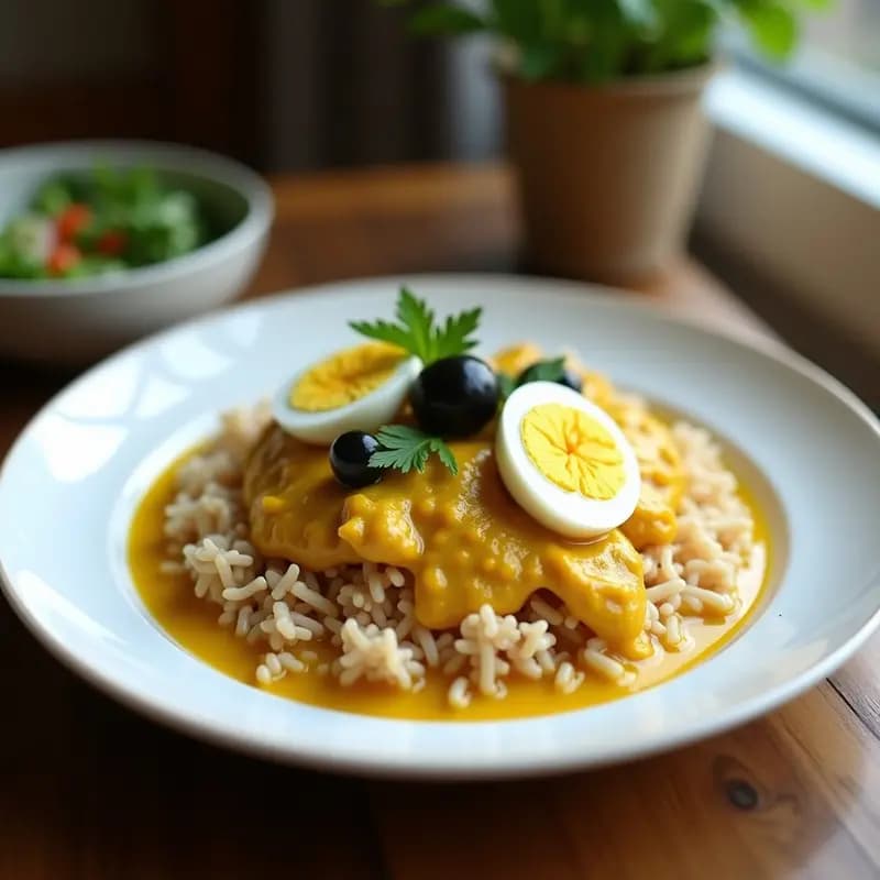 Plato hondo de cerámica blanca con Ají de Gallina servido sobre arroz integral, decorado con huevo duro en cuartos, aceitunas negras y perejil fresco. La salsa cremosa de color amarillo intenso resalta sobre el arroz oscuro, acompañado de una ensalada verde al lado.