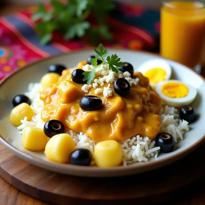 Plato tradicional peruano de Ají de Gallina con Arroz y Papa, salsa cremosa amarilla sobre base de arroz graneado y cubos de papa amarilla, decorado con huevo duro, aceitunas negras y queso fresco desmenuzado.