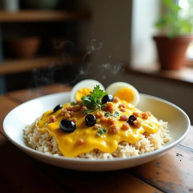 Plato hondo blanco con Aji de Gallina cremoso sobre arroz basmati esponjoso, decorado con uvas pasas doradas, aceitunas negras y nueces picadas. La salsa amarilla del ají resalta sobre el arroz, con un toque de perejil fresco verde.