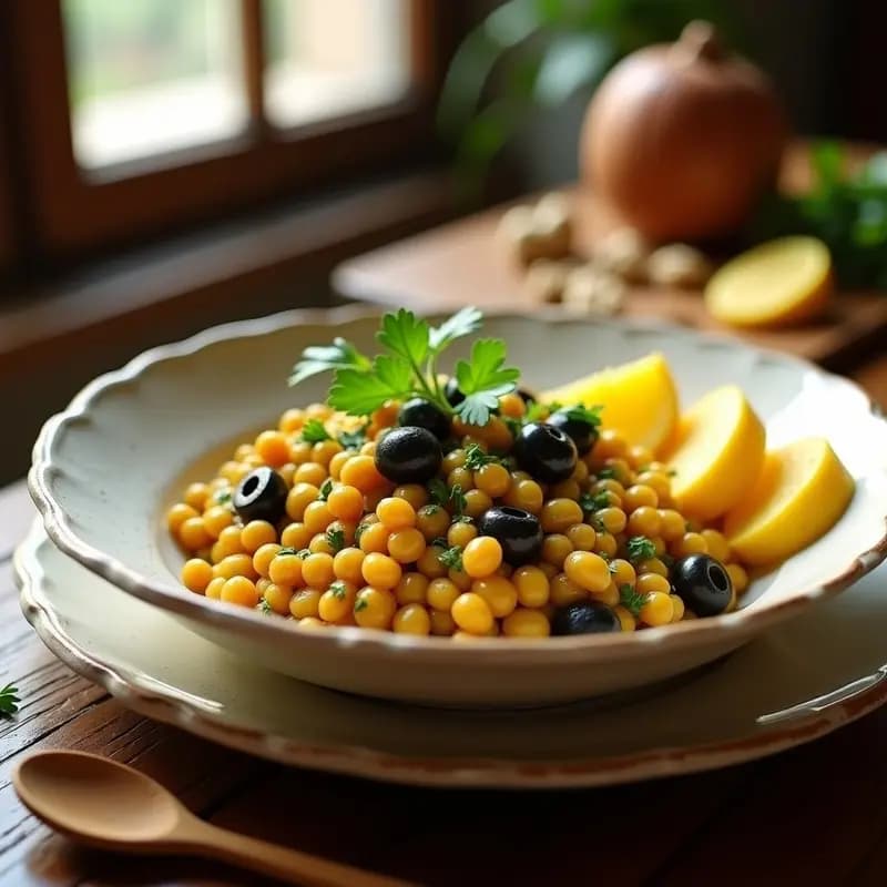 Plato hondo de cerámica blanca con Ají de Gallina vegano: lentejas pardinas en salsa cremosa de ají amarillo, decorado con aceitunas negras, perejil fresco y nueces picadas, acompañado de rodajas de papa amarilla. Receta peruana alta en proteína.