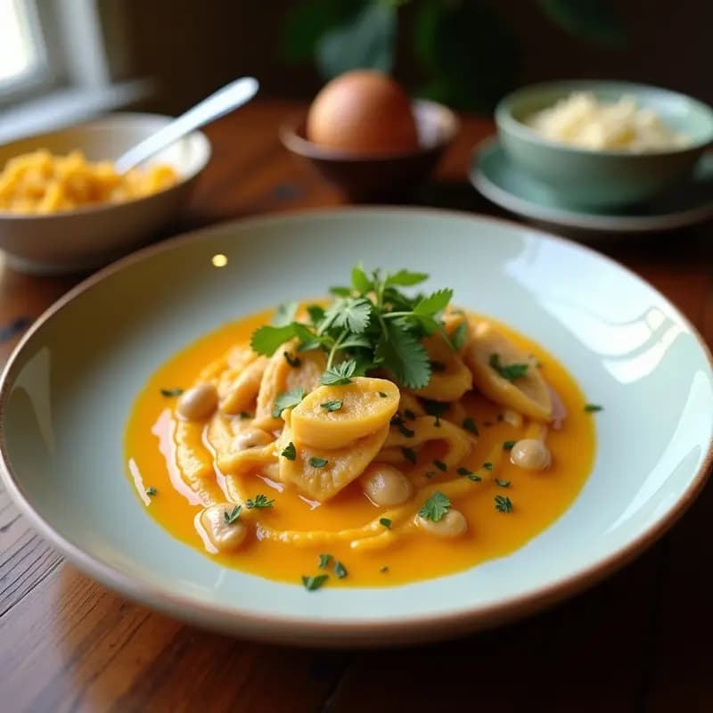 Plato hondo de barro con Aji de Gallina Peruano vegano: lentejas pardo en salsa cremosa de leche de coco y ají amarillo, decorado con cilantro fresco y aceitunas negras, acompañado de arroz blanco.