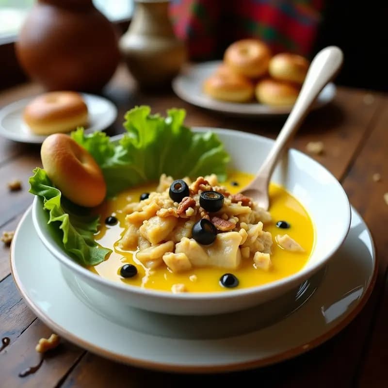 Plato rústico de madera con pan de yuca dorado abierto, relleno de aji de gallina cremoso con trozos de pollo, aceitunas y nueces, decorado con perejil fresco. Receta peruana sin gluten.