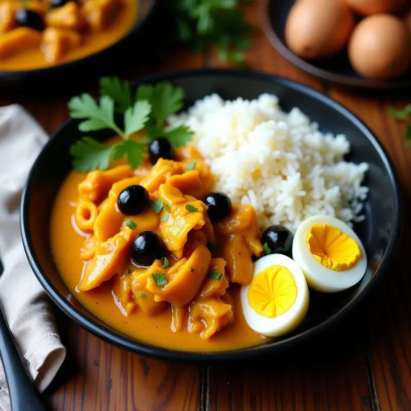 Plato hondo de cerámica negra con Aji de Gallina con Pimientos Amarillos, pollo desmenuzado en salsa cremosa dorada, decorado con rodajas de huevo duro y aceitunas negras, acompañado de arroz blanco y una ramita de cilantro fresco.