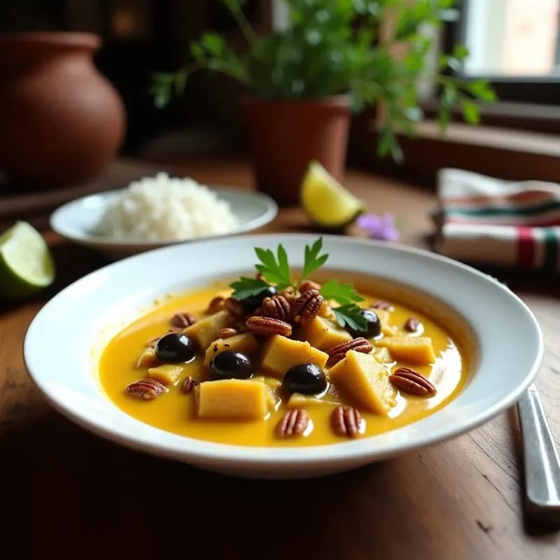 Plato hondo de barro con ají de gallina vegano: seitán en tiras bañado en salsa cremosa de ají amarillo y leche de coco, coronado con nueces pecanas tostadas, aceitunas negras y cilantro fresco. Acompañado de arroz blanco y papas amarillas en cubos.