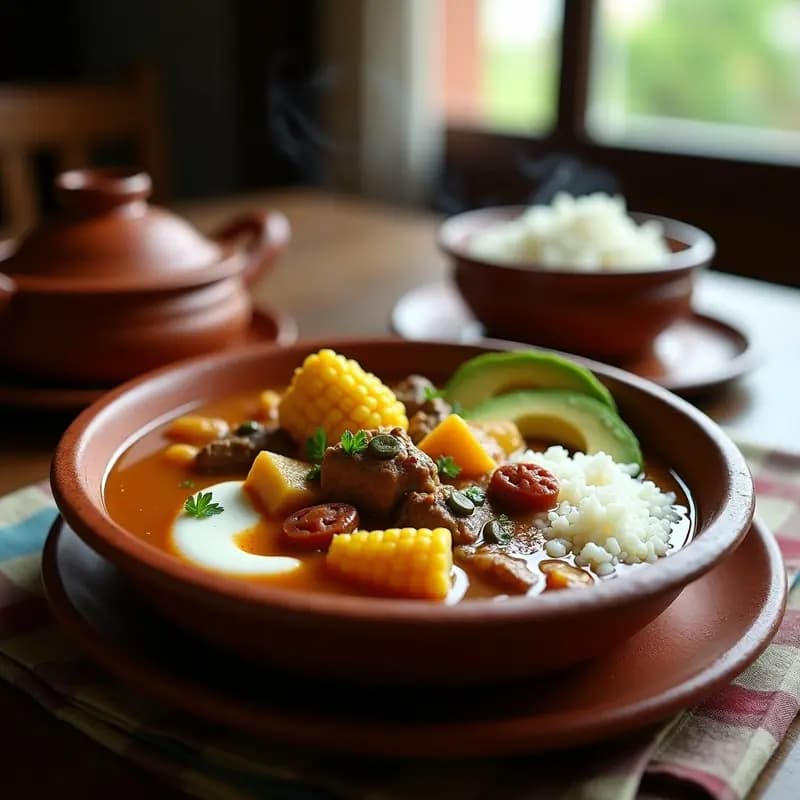 Plato hondo de barro con ajiaco colombiano de 3 carnes en olla lenta, mostrando trozos de pollo, cerdo y ternera, papas de tres tipos, mazorca y guascas, decorado con aguacate y capuchinas frescas.