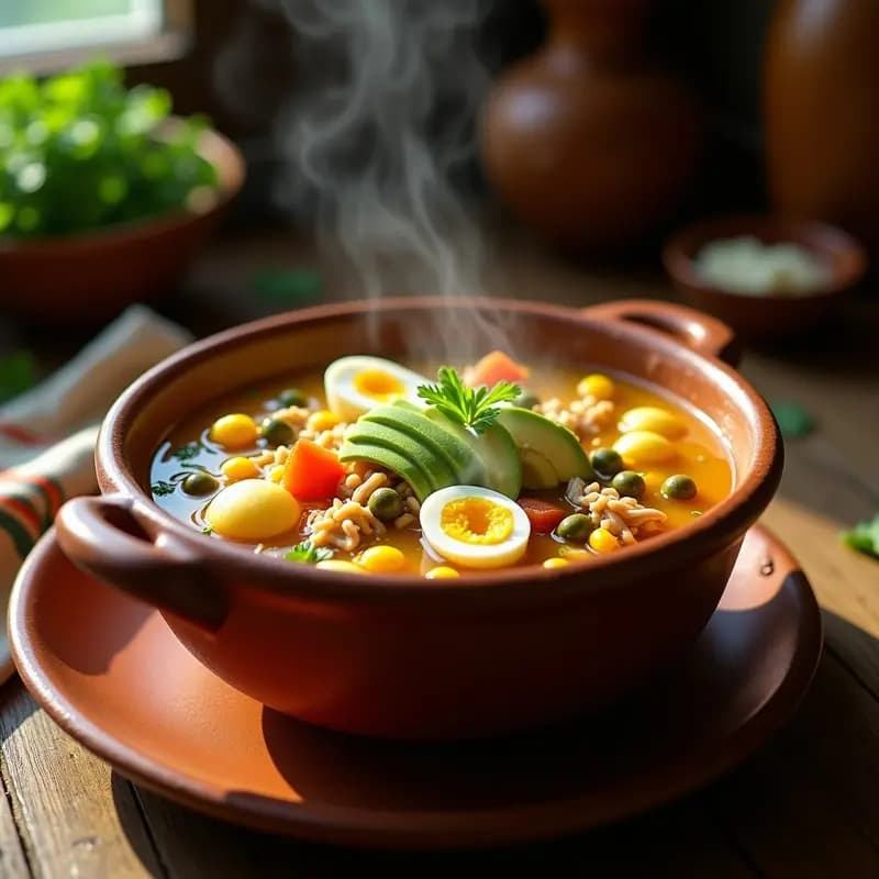 Plato hondo de barro con ajiaco colombiano contundente: caldo espeso con trozos de pollo desmenuzado, papas de tres tipos, granos de maíz amarillo y guascas verdes. Acompañado de huevo duro, aguacate en gajos, crema de leche y alcaparras. Decorado con cilantro fresco y guascas sobre fondo rústico de madera.