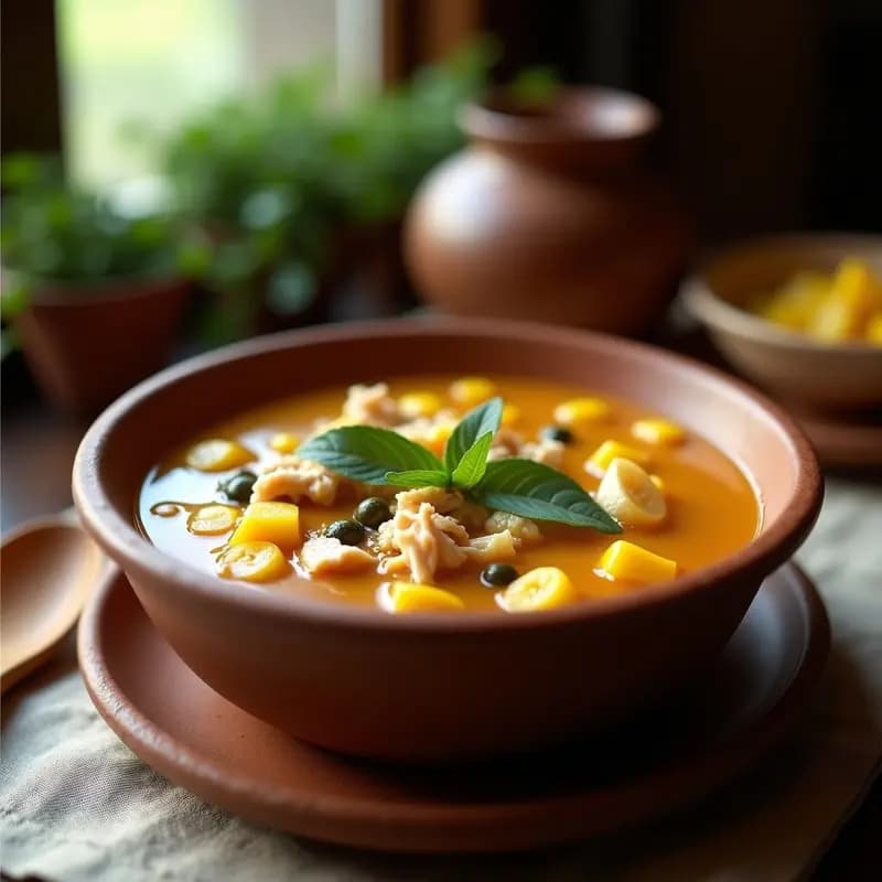Plato hondo de barro repleto de ajiaco colombiano con pollo desmenuzado, rodajas de mazorca amarilla, trozos de papa sabanera, pastusa y criolla, decorado con hierbabuena fresca y alcaparras, sobre un mantel de lino rústico.