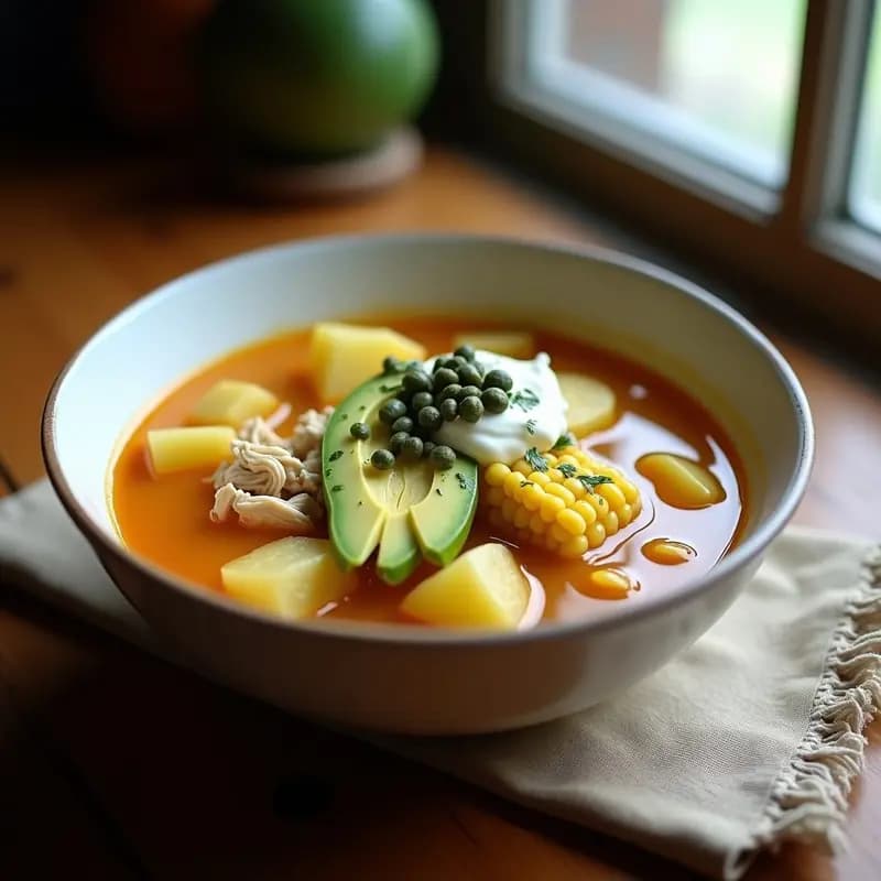 Plato hondo de barro con ajiaco colombiano bogotano: caldo amarillento con trozos de pollo, papa sabanera, pastusa y criolla, maíz tierno, guascas, huevo duro y aguacate. Acompañado de crema de leche, alcaparras y arepa blanca.