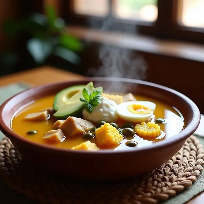 Plato hondo de cerámica blanca con ajiaco colombiano espeso, trozos de pollo, papas de tres colores, mazorcas de maíz, huevo duro y aguacate. Acompañado de crema de ají y capuchinas. Receta tradicional de Bogotá hecha en Thermomix.