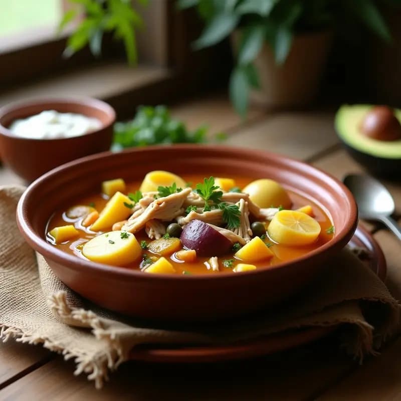 Plato hondo de barro con ajiaco colombiano: sopa espesa con trozos de pollo desmenuzado, tres tipos de papa (blanca, amarilla y morada), mazorcas de maíz, huevo duro picado y crema de leche. Decorado con guascas frescas y alcaparras sobre una mesa de madera rústica.