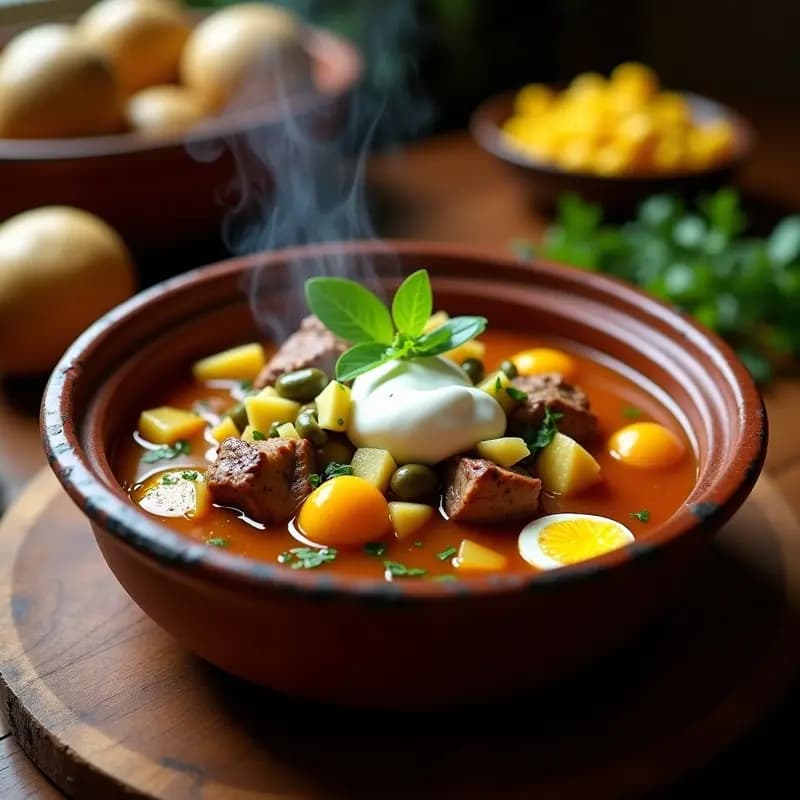 Olla de barro humeante con ajiaco colombiano de tres carnes y mazorca, servido en plato hondo con crema de leche, alcaparras, huevo duro y aguacate. Fondo rústico con guascas frescas y trozos de papa amarilla, sabanera y pastusa.