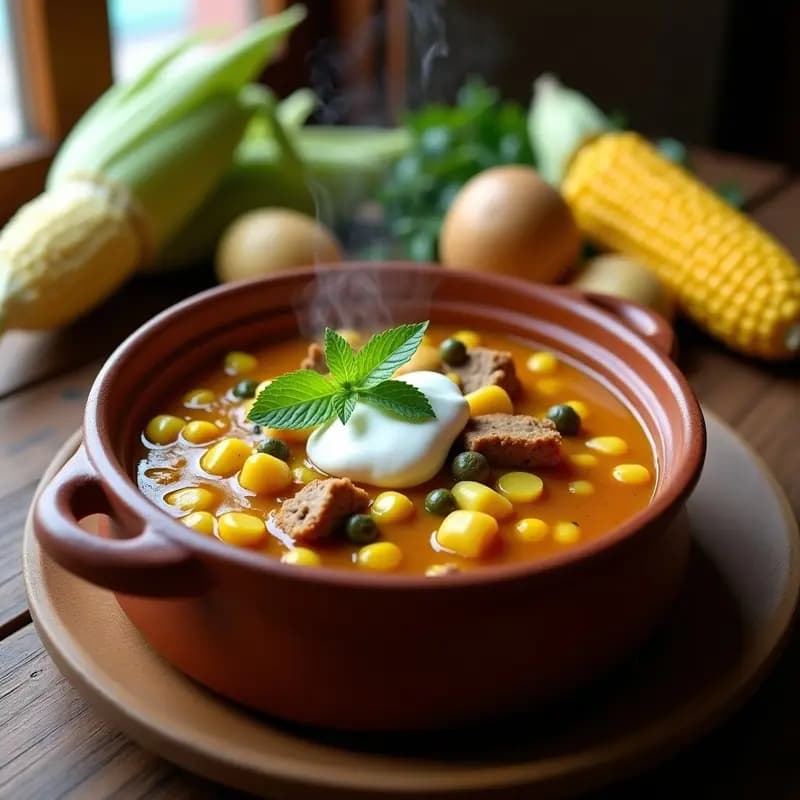 Olla de barro humeante con ajiaco colombiano tradicional, mostrando trozos de pollo, cerdo y res, papas de tres tipos, mazorcas de maíz y guascas frescas flotando en un caldo dorado. Acompañado de aguacate, crema de leche y alcaparras en un plato rústico.