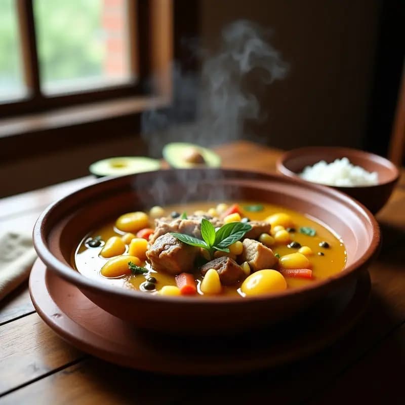 Olla de barro humeante con ajiaco colombiano espeso, trozos de pollo, res y cerdo, mazorcas de maíz amarillo, tres tipos de patatas, guascas y aguacate en rodajas. Plato tradicional servido en bowl de barro con crema y alcaparras.