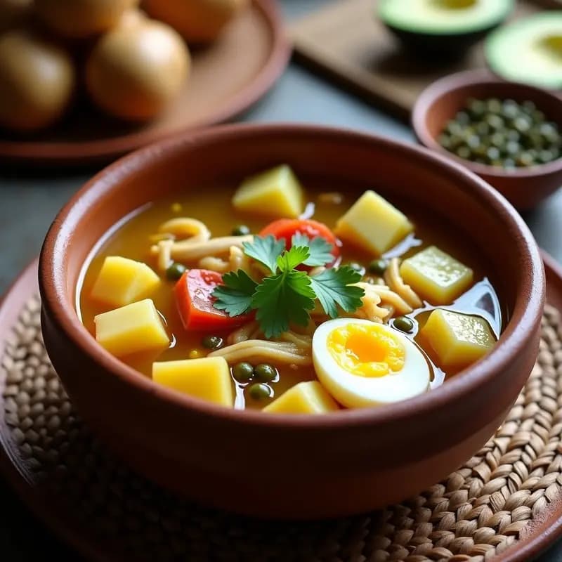 Plato hondo de barro con ajiaco colombiano: caldo amarillento con trozos de papa sabanera, pastusa y criolla, maíz tierno, pollo desmenuzado, huevo duro, alcaparras y crema de leche. Acompañado de aguacate en rodajas y cilantro fresco.