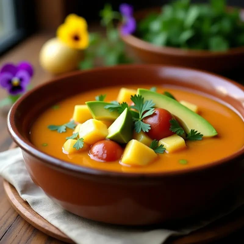 Plato hondo de cerámica blanca con ajiaco colombiano vegano: sopa cremosa con cubos de papa sabanera, pastusa y criolla, granos de maíz amarillo, guascas verdes y rodajas de aguacate. Acompañado de crema de ají vegana, cilantro fresco y limón. Fondos de cocina rústica con texturas de madera.