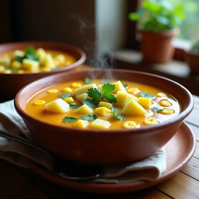Plato hondo de barro con ajiaco colombiano vegano, mostrando trozos de papa sabanera, pastusa y criolla, maíz tierno, alcaparras y guascas frescas. Acompañado de arroz blanco y aguacate en cubos sobre una mesa rústica de madera.
