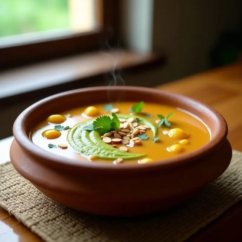 Plato hondo de barro con ajiaco colombiano vegano: sopa espesa con trozos de papa pastusa, sabanera y criolla, granos de maíz tierno y pulpa de guanábana, coronado con crema de aguacate verde y hojas de cilantro fresco.