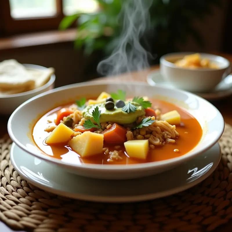 Plato hondo de cerámica blanca con ajiaco colombiano vegano: sopa espesa con trozos de papa sabanera, pastusa y criolla, pollo de jackfruit desmenuzado, mazorca de maíz y guascas. Acompañado de crema de aguacate y perejil fresco.