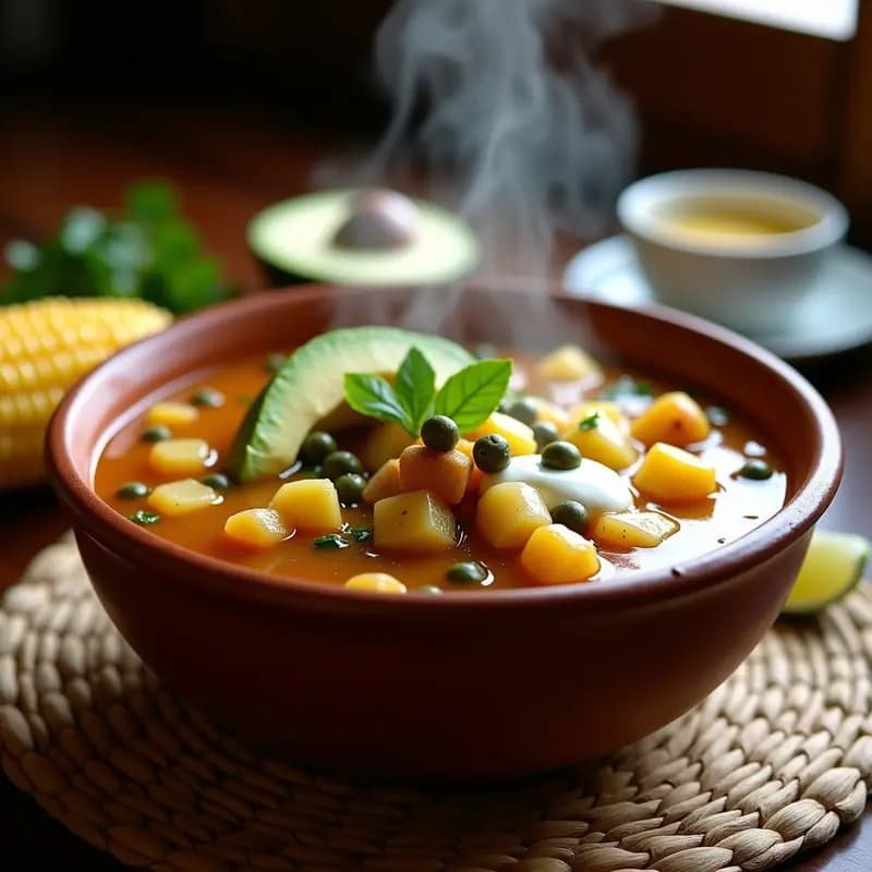 Plato hondo de barro con ajiaco colombiano humeante, mostrando tres tipos de papa, trozos de pollo, mazorca y guascas frescas, acompañado de aguacate, crema de leche y alcaparras, sobre una mesa rústica de madera.