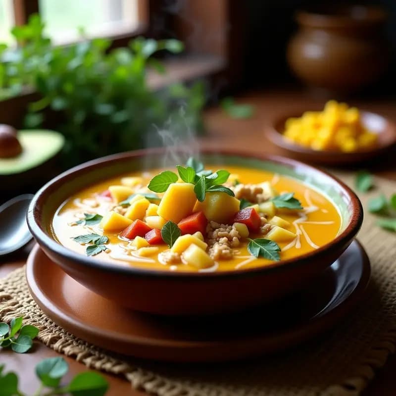 Plato hondo de barro con ajiaco vegano: caldo cremoso con trozos de seitán dorado, tres tipos de papa, mazorca de maíz y guascas frescas. Acompañado de hierbabuena, cilantro y aguacate en rodajas sobre la mesa.