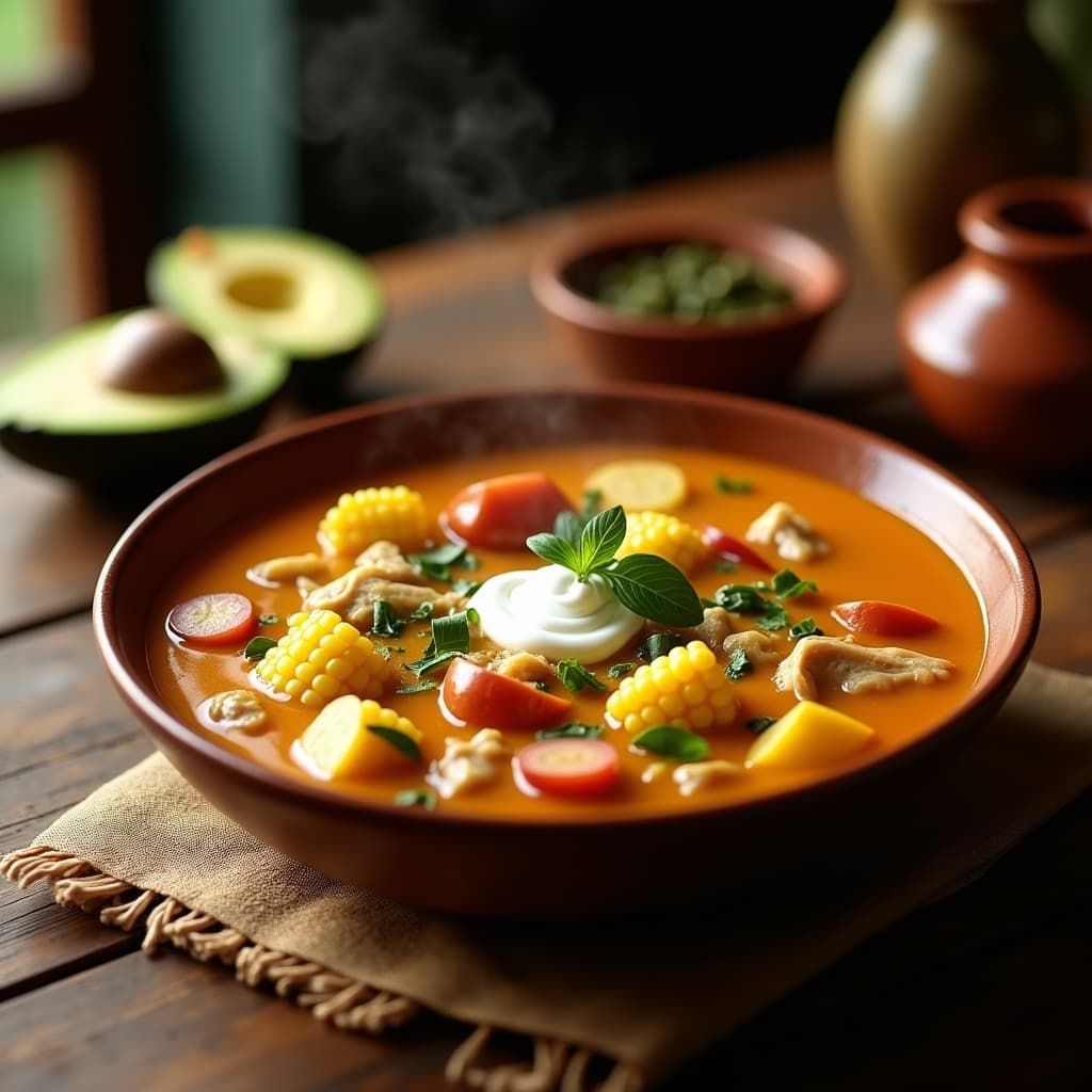 Plato hondo de barro con ajiaco de pollo, mazorcas de maíz, papas de tres tipos y guascas, servido con crema de leche y hierbabuena fresca, receta tradicional colombiana en olla lenta.