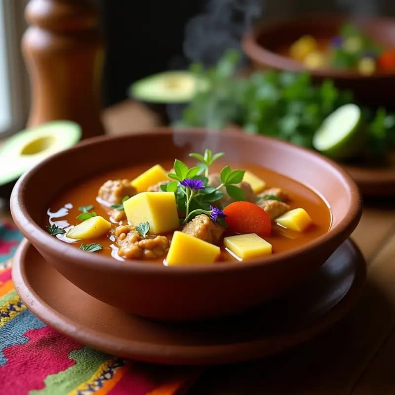 Plato hondo de barro con Ajiaco Santafereño vegano: sopa espesa con trozos de pollo de seitán, papas amarillas, blancas y rojas, maíz tierno y guascas. Acompañado de aguacate en cubos, capuchinas y limón. Fondo rústico con telas colombianas.