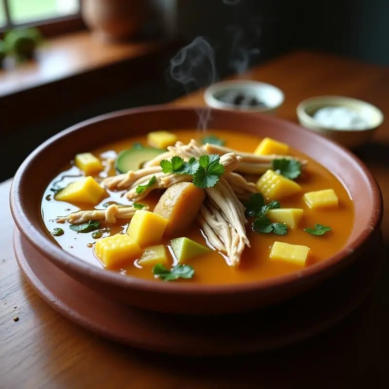 Plato hondo de barro con ajiaco colombiano: caldo espeso con trozos de pollo, tres tipos de papa, granos de maíz, huevo duro, alcaparras y crema de leche, decorado con guascas frescas.