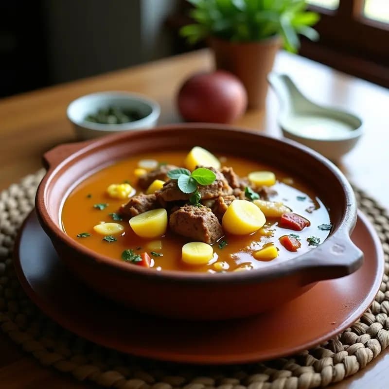 Plato hondo de barro con ajiaco colombiano tradicional: trozos de pollo de monte, mazorca amarilla, papas sabanera, pastusa y morada en un caldo cremoso. Acompañado de arroz blanco, rodajas de aguacate, alcaparras y crema de leche. Guascas frescas como decoración.